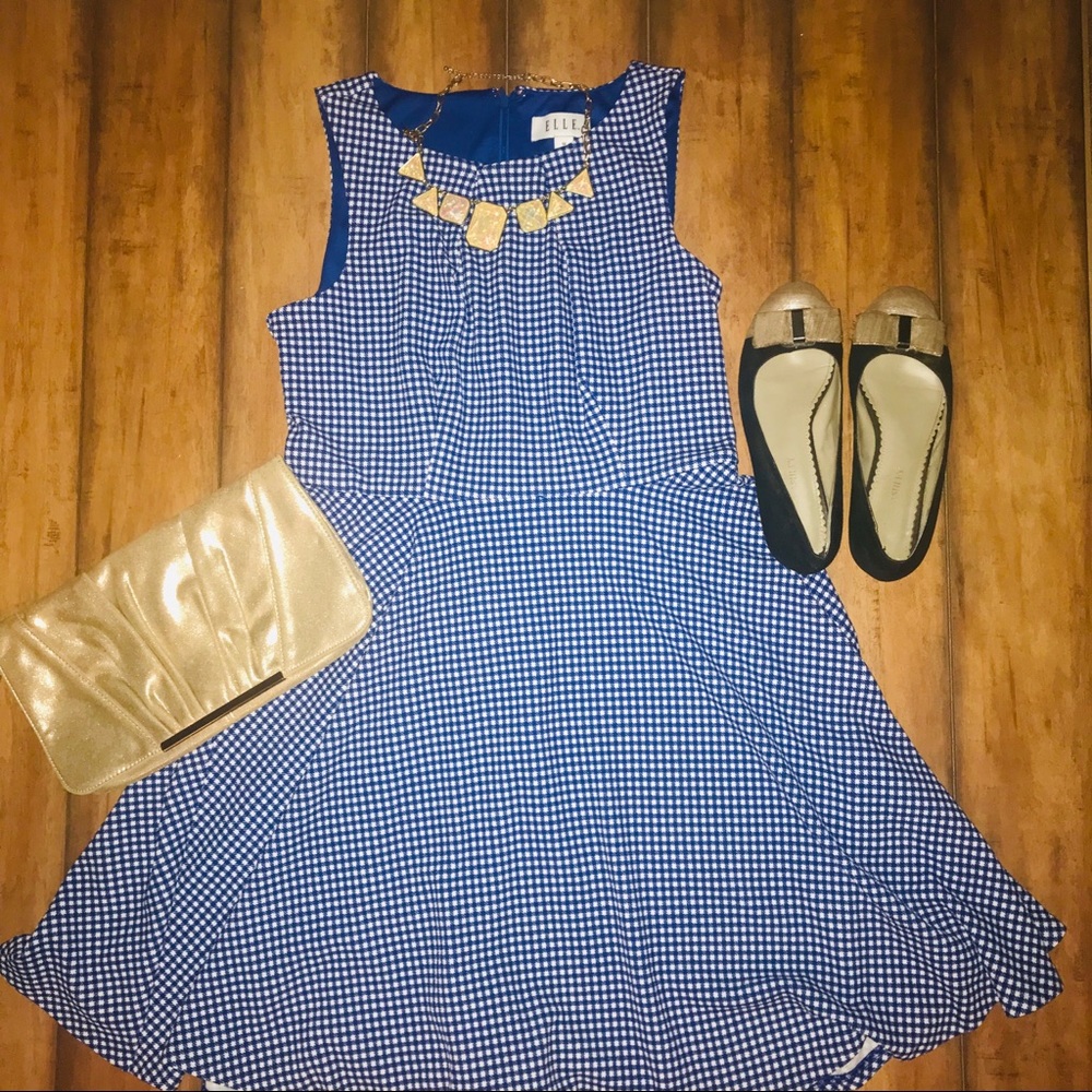 Elle Houndstooth Blue & White Dress